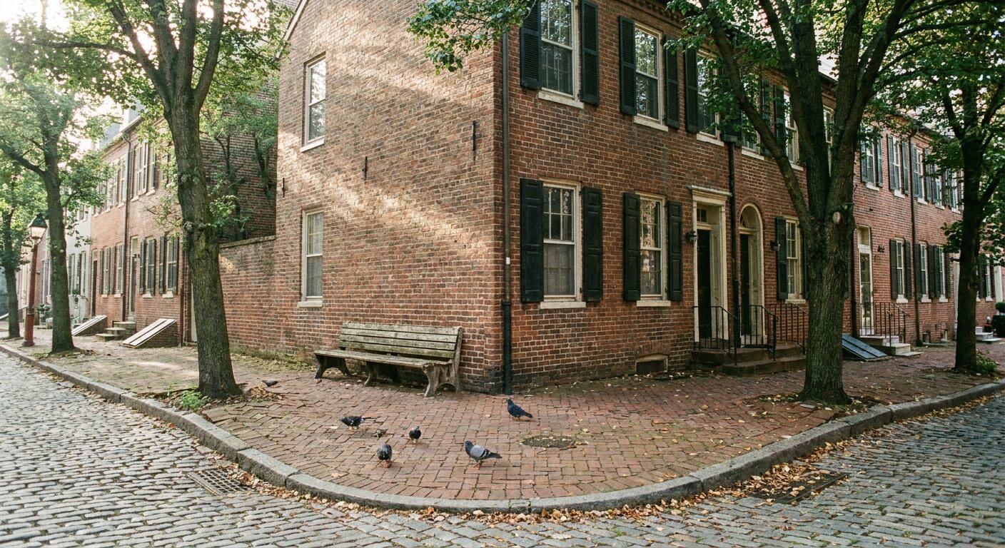 quiet philadelphia street corner on a weekend morning
